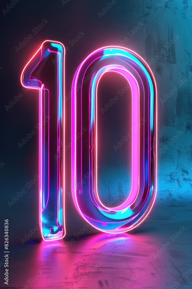 Poster neon sign with the number 10, suitable for various concepts