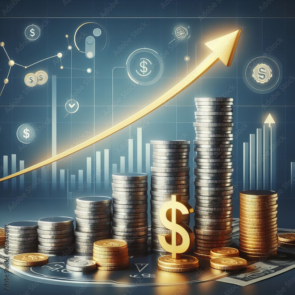 Poster illustration of financial growth concept, featuring stacks of coins with rising graphs and dollar sy