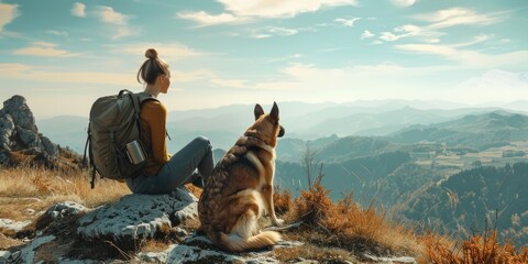 A woman sitting on top of a mountain next to her loyal dog. Suitable for outdoor and adventure themes