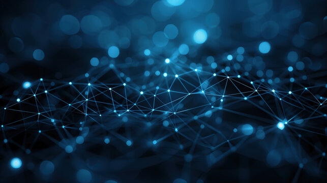 Abstract 3D Network Connections with Glowing Blue Nodes on Dark Background.