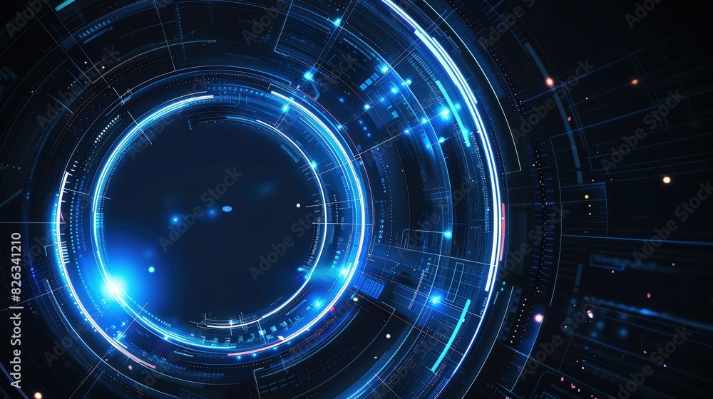 Poster futuristic digital technology background with glowing blue circular lights and abstract connections 