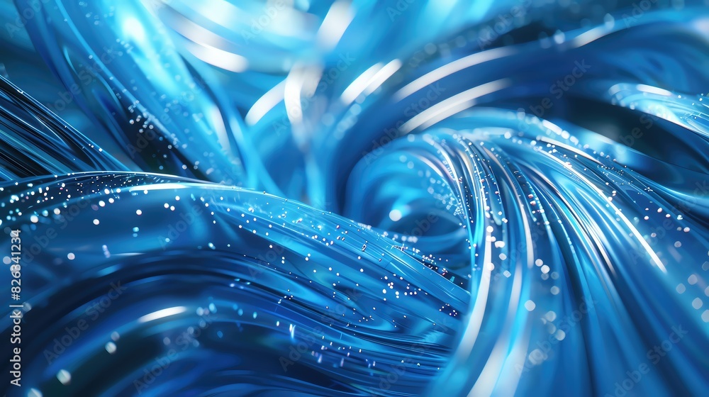 Poster abstract blue and shiny liquid-like texture with swirling patterns and sparkling dots, creating a dy