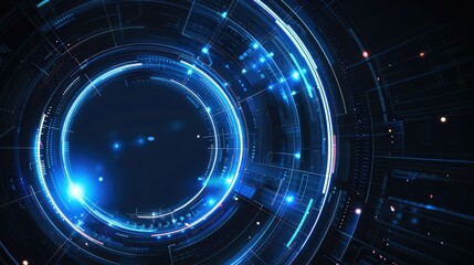 Fototapeta premium Futuristic digital technology background with glowing blue circular lights and abstract connections for innovation and tech concepts.