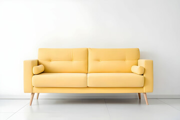 soft empty yellow sofa stands on white isolated background, comfortable fabric couch is alone against the background of white wall, copy space