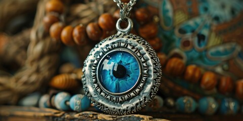 Close up of a necklace with a blue eye, suitable for fashion and accessories concepts