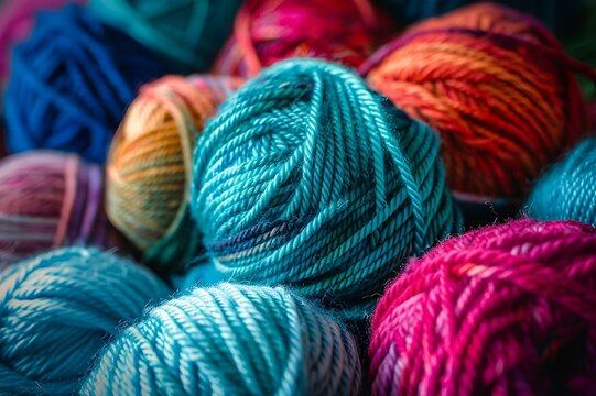 Closeup of assorted colorful yarn balls, AI-generated.