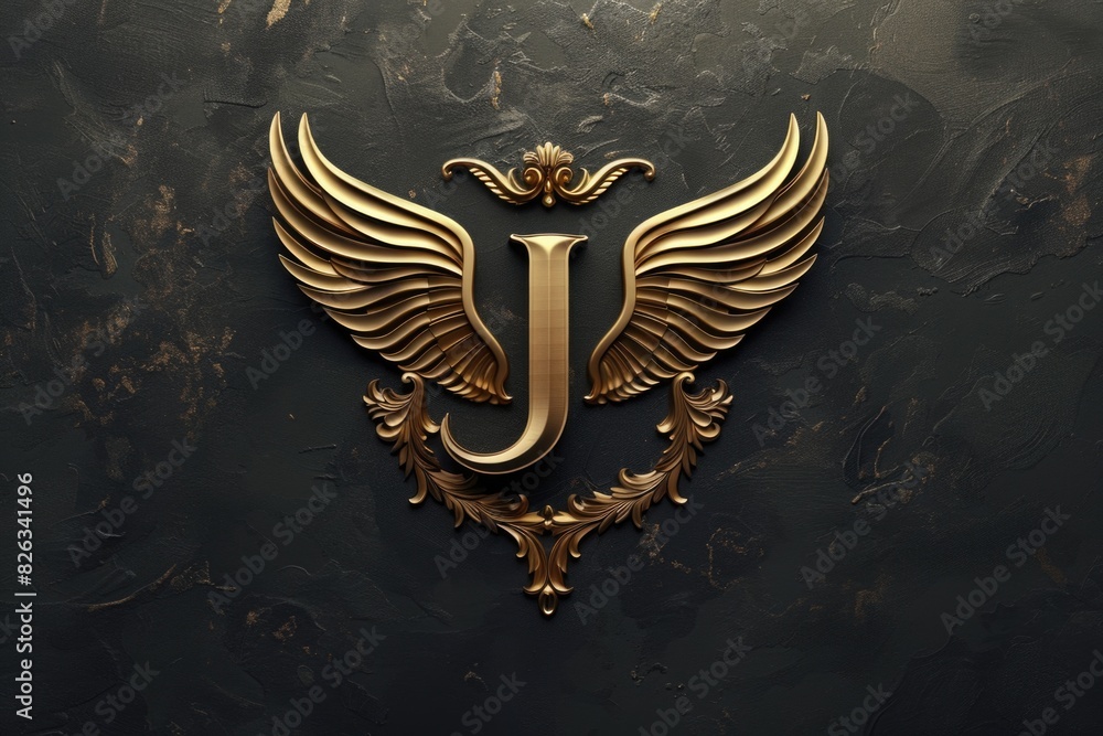Poster a unique and stylish gold letter j with wings on a black backdrop. ideal for graphic design projects