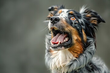 A close-up image of a dog with its mouth open. Suitable for pet care or veterinary concepts