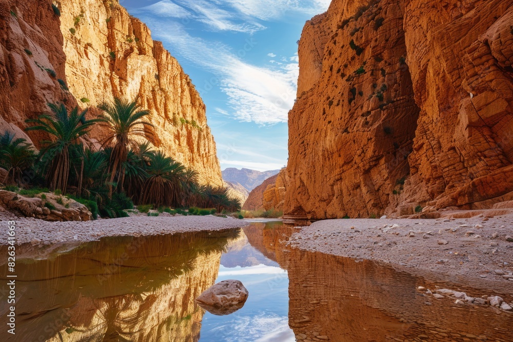 Poster scenic view of a river flowing through a canyon surrounded by mountains and palm trees. suitable for