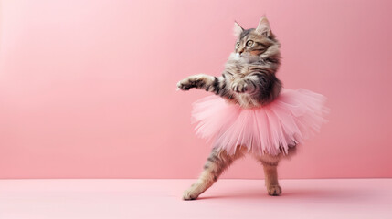 Adorable Cat Dressed as Ballerina Dancing in Pink Tutu.