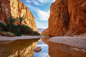 Scenic view of a river flowing through a canyon surrounded by mountains and palm trees. Suitable for travel and nature-themed designs