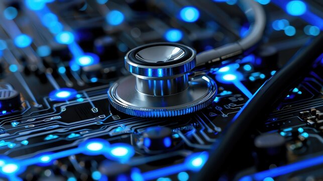 Close-up of stethoscope on a circuit board with blue lights, symbolizing the intersection of technology and healthcare for diagnostic solutions.
