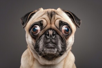 In the studio photo, a friendly pug is captured pulling a funny face, radiating charm and playfulness. This portrait perfectly captures the lovable and humorous nature of the pug.