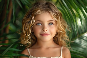 close up portrait, happy smiling little blonde curly hair girl in white summer dress in tropical forest among palm leaves