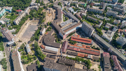 Aerial view building former factory Arsenal. Drone shot beautiful Kyiv Kiev building on a sunny...