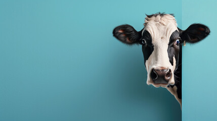 Surprised Cow Peeking Behind Blue Wall with Curious Expression.