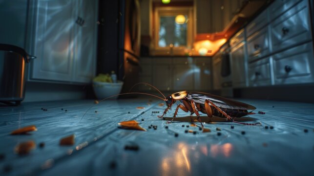 A cockroach on the floor of a kitchen. Suitable for pest control advertisements