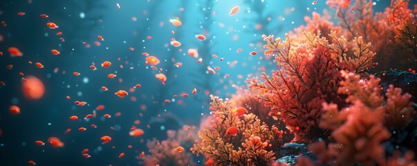 Dive into a mesmerizing underwater world with this 3D render of coral microoria, featuring glowing chases and fire particles that add a sense of magic to the scene