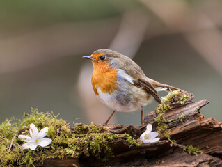 Close-up of a tiny orange Robin perched on a tree