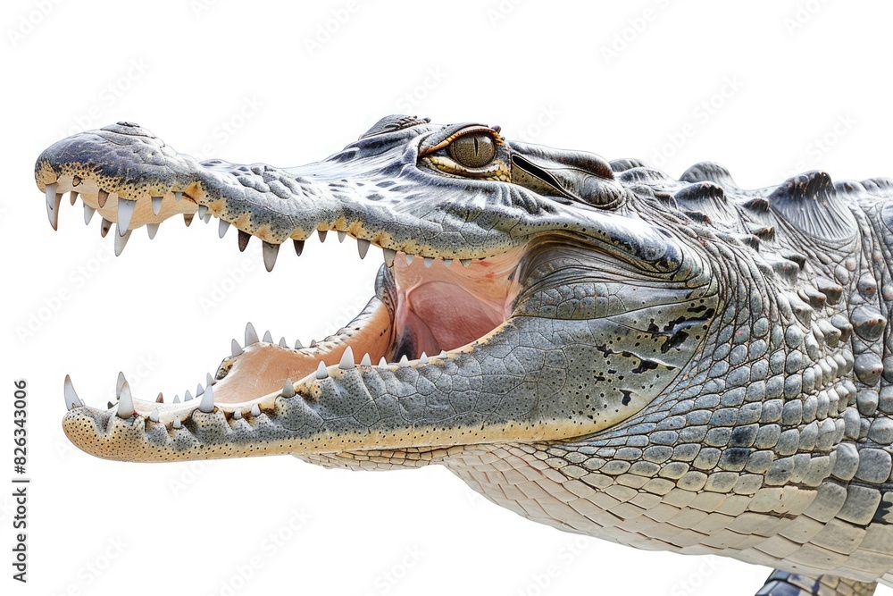 Poster close-up of an alligator with its mouth open. suitable for nature and wildlife themes