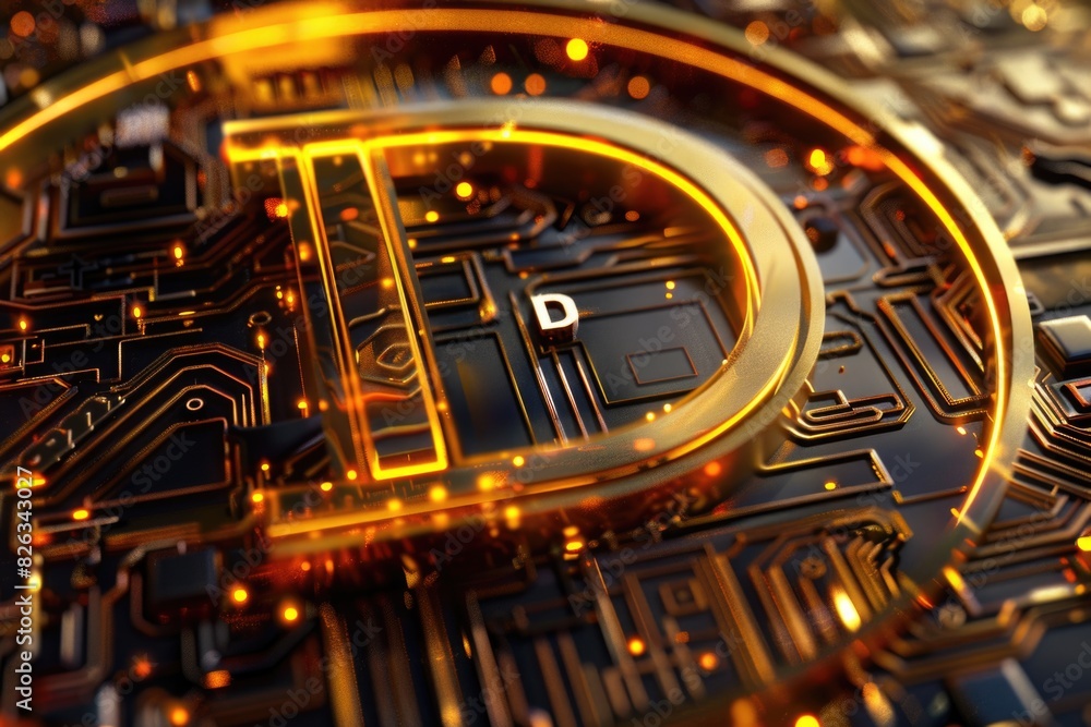Poster Close up of a circuit board with a bitcoin symbol. Perfect for technology and cryptocurrency concepts