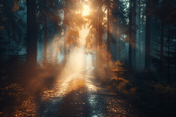 Photo of a tranquil forest path with dappled sunlight