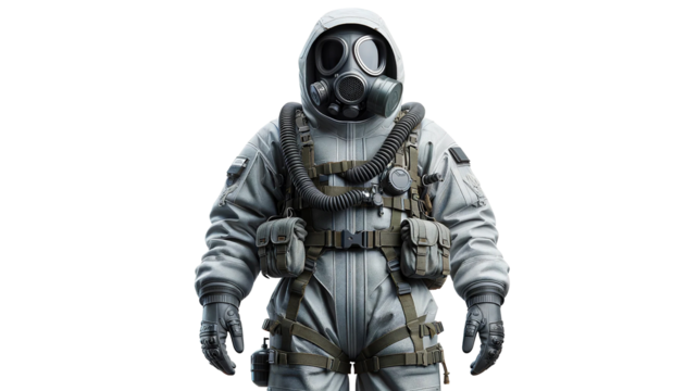 NBC (Nuclear, Biological, Chemical) protection suit isolated on a white background. The suit features a full-body design with a gas mask, hood, gloves