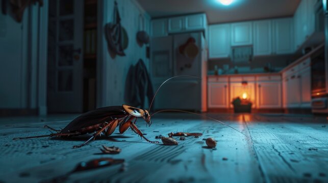 A cockroach on the kitchen floor. Suitable for pest control ads