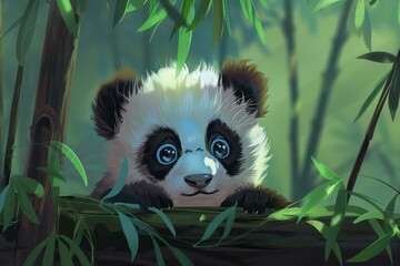 Charming illustration of a cute cartoon panda with expressive eyes amidst lush greenery