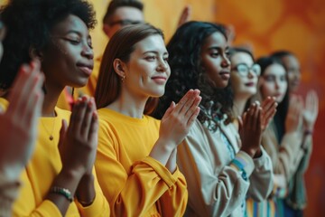 Fototapeta premium Group of women standing together and clapping, suitable for teamwork concepts