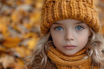 Autumn girl Portrait In Fall Yellow Leaves, Little Child In Woolen Hat, Beautiful Kid in Park Outdoor, Knitted Clothing for October Season