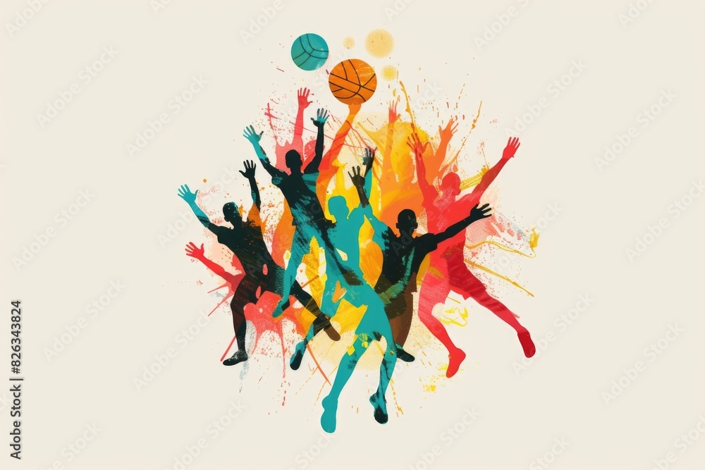 Poster a group of people playing a game of basketball. suitable for sports and teamwork concepts