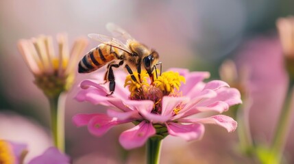 Fototapeta premium Bee sitting on a colorful flower, perfect for nature and gardening themes