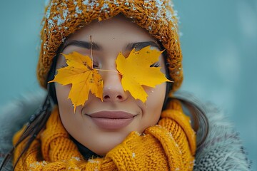 Autumn mood concept. happy smiling woman girl holding in her hands yellow maple leaves covering her eyes over gray wall background