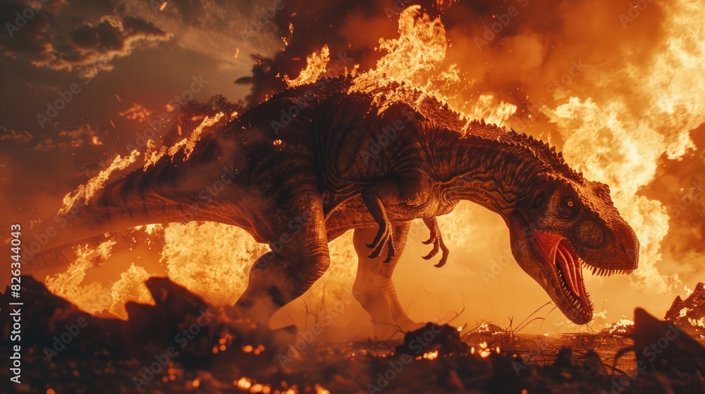 Poster a powerful t-rex standing in front of raging fire and flames. perfect for dinosaur enthusiasts or fi