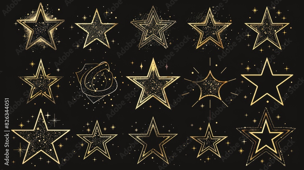 Poster a set of gold stars on a black background. perfect for various design projects
