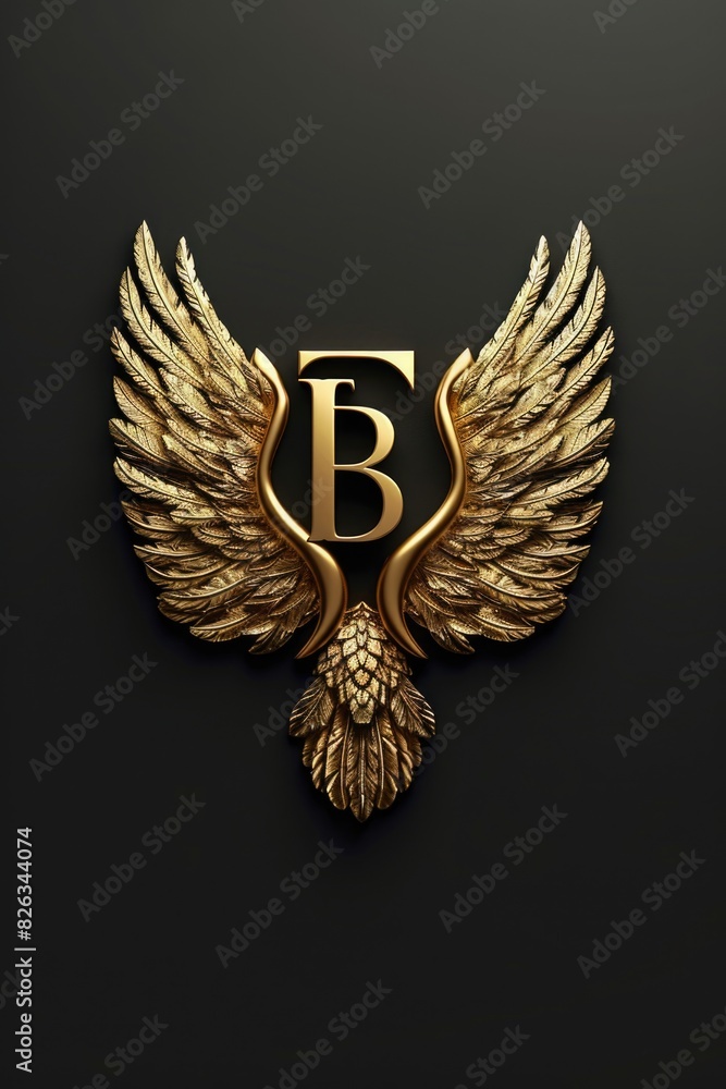 Poster elegant golden letter b with wings on a black background. perfect for design projects and branding