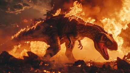 A powerful T-Rex standing in front of raging fire and flames. Perfect for dinosaur enthusiasts or fiery concepts
