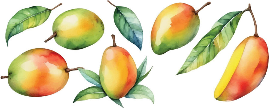 Mango Pattern Background in Watercolor Style &ndash; Hand-Painted Yellow Mangoes with Green Leaves Seamless Tropical Fruit Design for Fabric, Wallpaper, and Wrapping Paper
