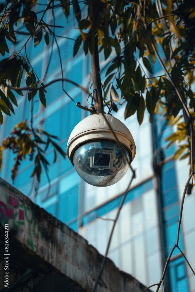 Poster Surveillance camera hanging from a tree, suitable for security concepts.