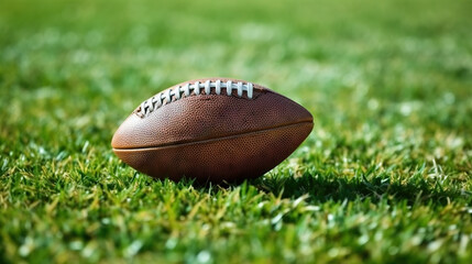 Close-up of an American football on a vibrant green grass field, indicating sports equipment
