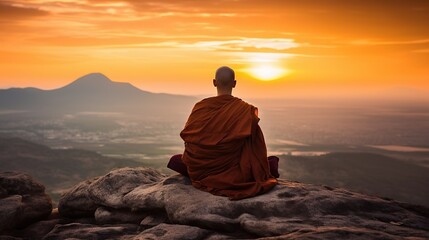Fototapeta premium The image captures a tranquil scene of a monk in orange robes meditating on a mountaintop during a breathtaking sunset