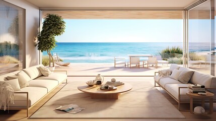Fototapeta premium A modern beach house interior boasts expansive ocean views, perfectly blending indoor comfort with outdoor beauty