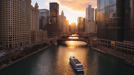 Obraz premium This aerial view captures Chicago's urban skyline with the river, sunlight peeking through the skyscrapers, and a boat