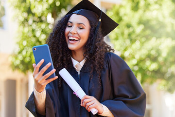 Selfie, woman and student with smartphone, graduation and happiness with social media, achievement...