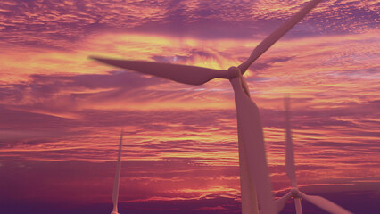 ecologic wind turbine generator on sunrise sky bg, fictitious - industrial 3D rendering