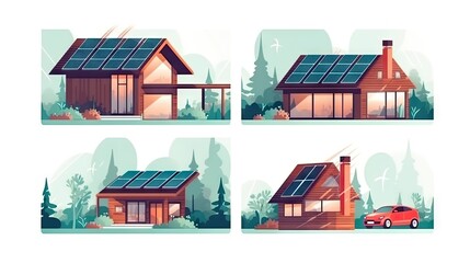 Set of four illustrations featuring eco-friendly houses with solar panels in various designs and settings