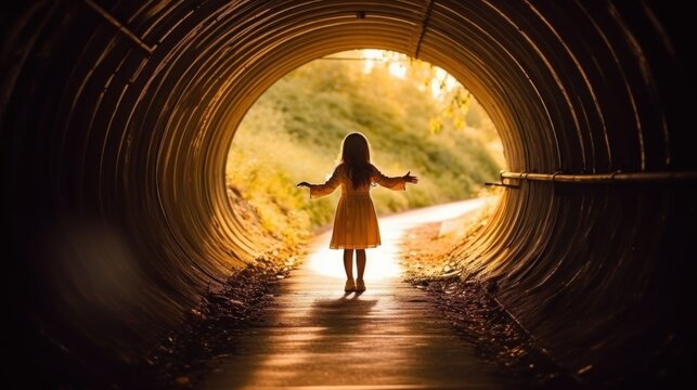 Evocative image of a small child with arms wide open in a tunnel with warm autumn light at the end