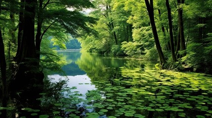 Obraz premium A tranquil forest landscape with a calm river adorned with lily pads and lush greenery