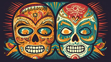 A colorful sugar skull illustration inspired by Mexican Day of the Dead (Dia de los Muertos) tradition with a space for text on the right side